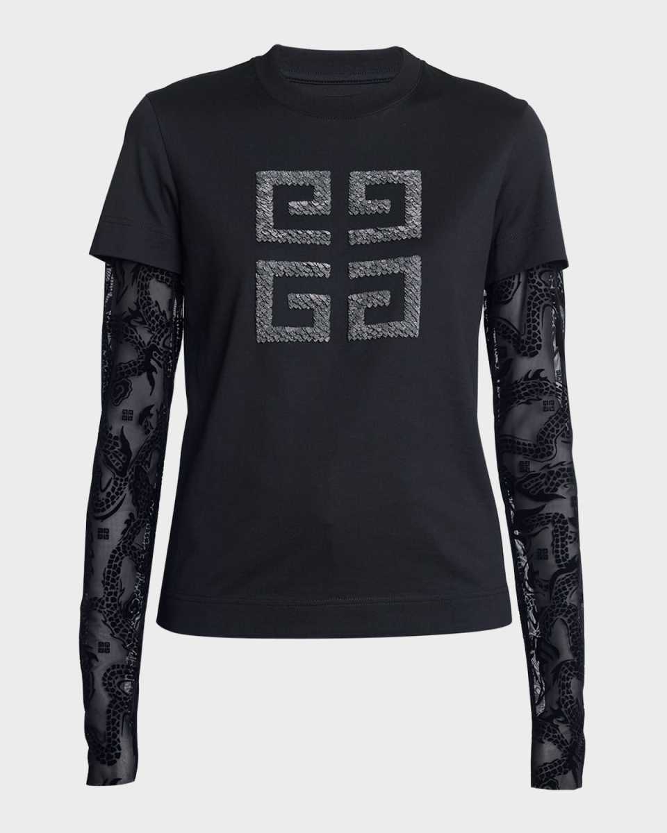 Two-Layer Beaded 4G Shirt with Mesh Sleeves